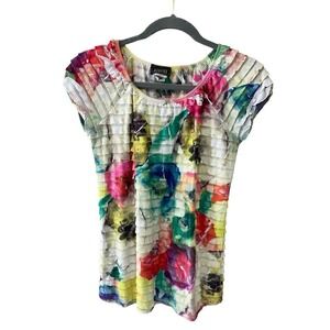 Nouvida Blouse Top Women SZ L Multicolor Floral Round Neck Short Sleeve Pullover